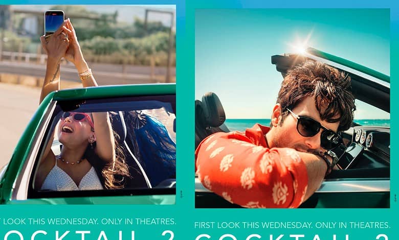 Shahid, Kriti, and Rashmika in a convertible car during a photoshoot for Cocktail 2.