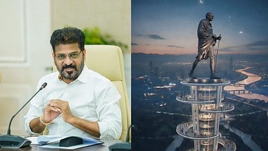 Man speaking at a meeting with a cityscape and statue in the background, related to Musi rejuvenation pro.