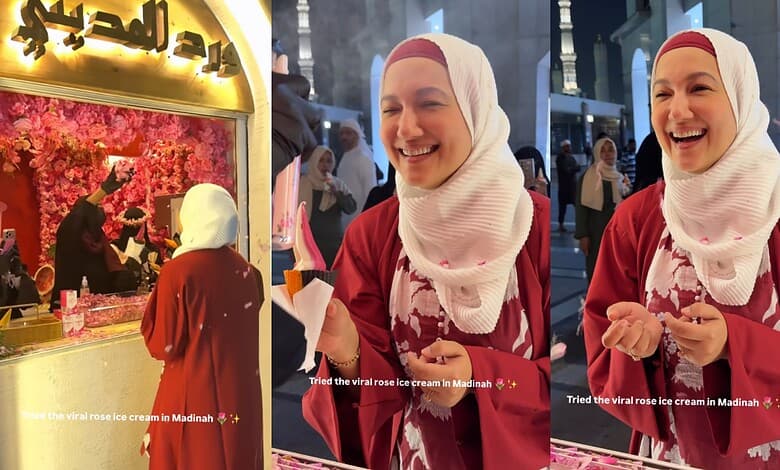 Gauahar Khan enjoying viral rose ice cream at a shop in Madinah, smiling and engaging with the camera.