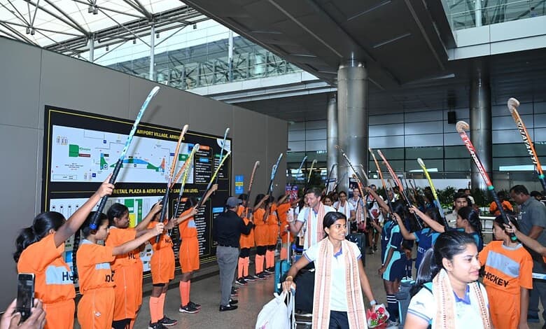 Women’s hockey players and officials at Hyderabad airport for the Women’s Hockey World Cup Qualifiers.