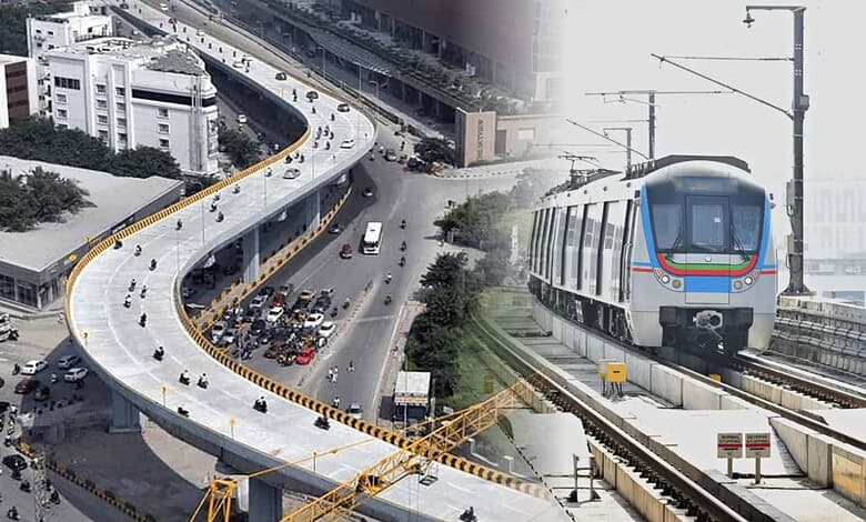 Urban train and elevated highway in a modern cityscape.