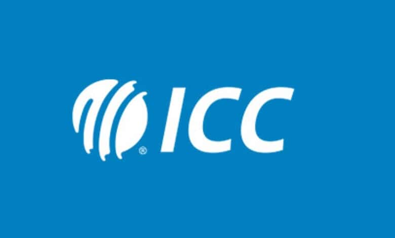 ICC logo on blue background, symbolising international cricket governance and recent event postponement.