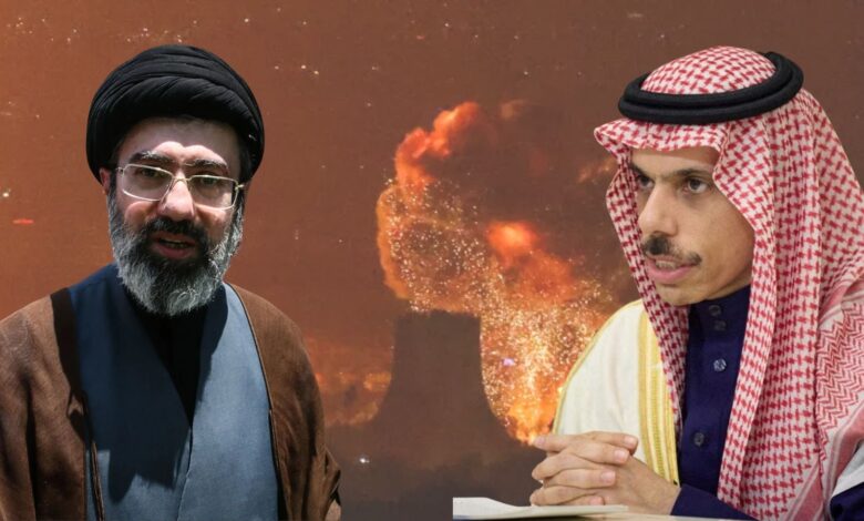 Composite image of Mojtaba Khamenei and Saudi Foreign Minister Prince Faisal bin Farhan with explosion in background.