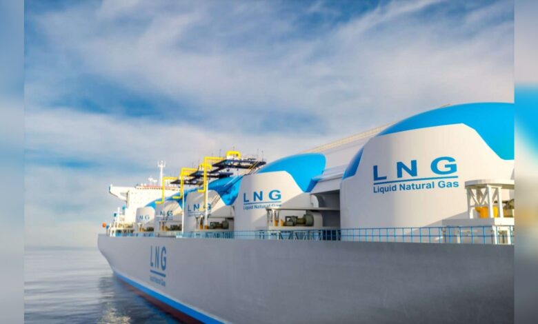LNG tanker transporting liquefied natural gas at sea.