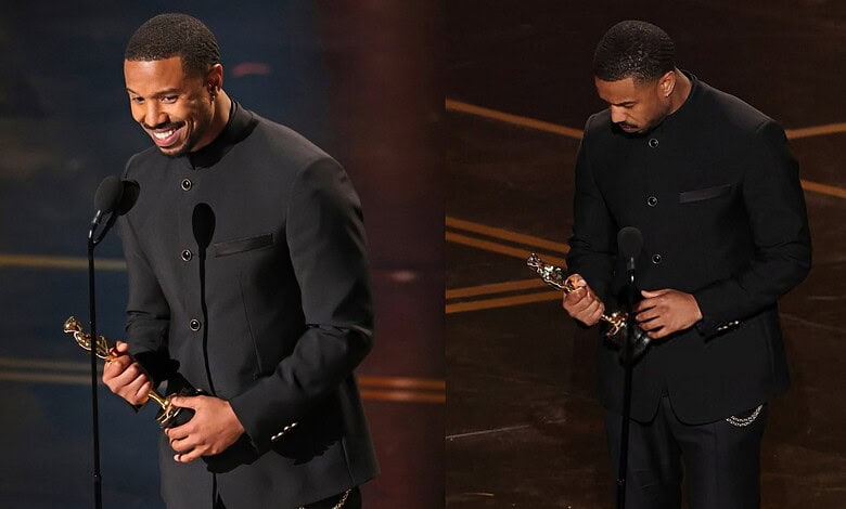Michael B Jordan holding his Oscar award on stage after winning Best Actor for ‘Sinners’ at the Oscars 20.