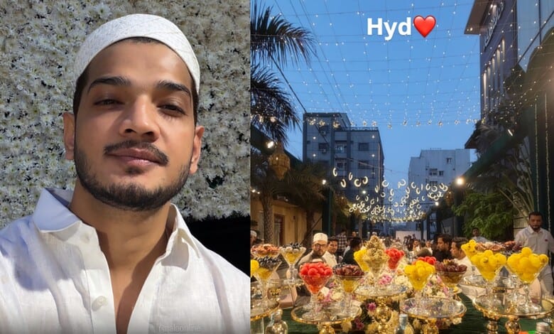 Munawar Faruqui enjoying Iftaar daawat in Hyderabad, surrounded by festive lights and floral arrangements.