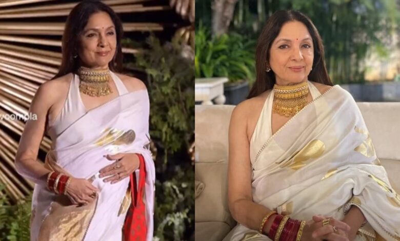 Neena Gupta in traditional white saree with gold jewellery, addressing pregnancy rumours with confidence.