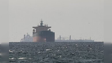 Oil tanker in the sea, related to underwater drone attack near Iraq, linked to recent geopolitical tension between Iran and thw US.