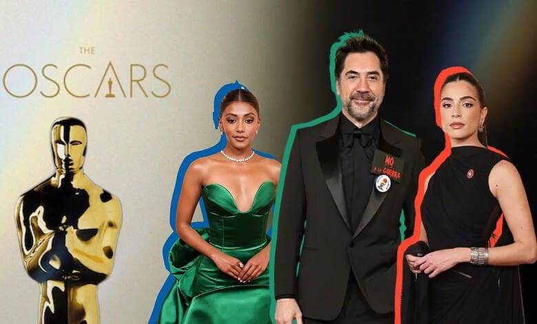 Oscar winners and presenters advocating for peace in Gaza during the 2026 Academy Awards ceremony.