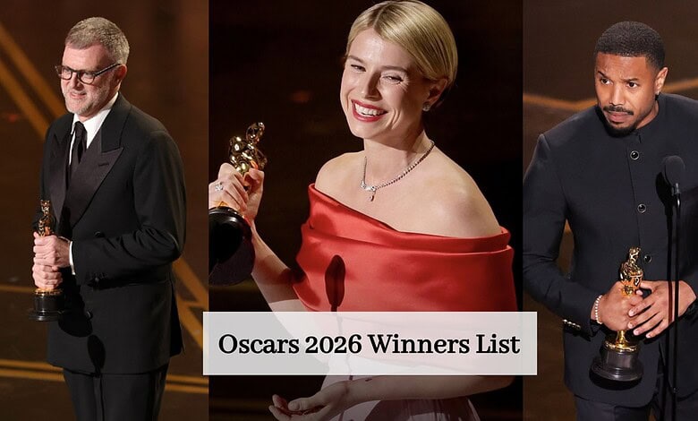 Three Oscar winners at the 2026 ceremony holding their awards on stage.