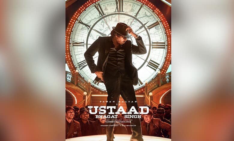 Promotional poster for Usthad Bhagat Singh pre-release event with a man in a suit and hat in front of a c.