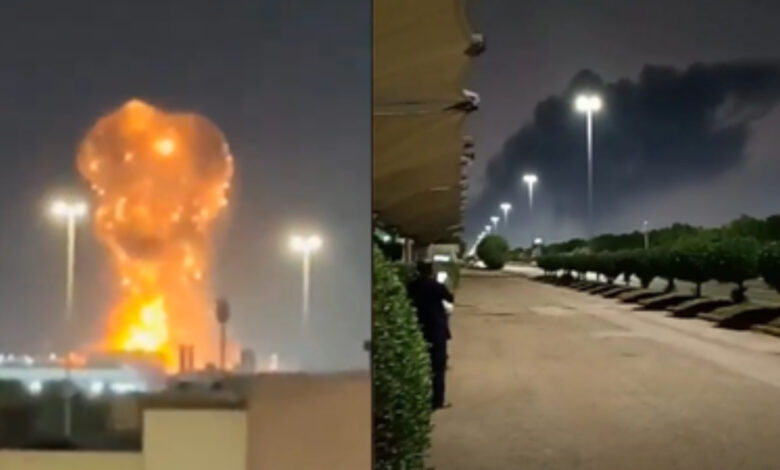 Explosion and smoke seen over Riyadh at night as fireball rises into the sky.