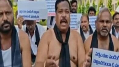 The image shows former sarpanches protesting at Suryapet District Collectorate demanding the payment of their bills on Monday, March 9.