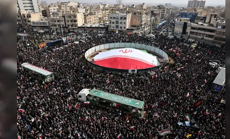 Massive crowd gathers in Tehran for funeral of commanders amid rising Gulf tensions.