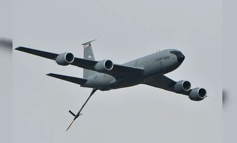 US Air Force KC-135 refuelling aircraft flying during aerial refuelling mission