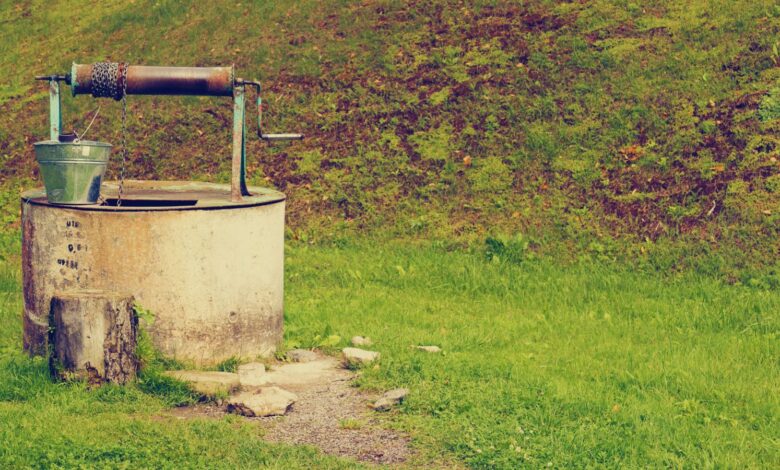 Well with hand pump in a grassy area, symbolising rural water access in Telangana.