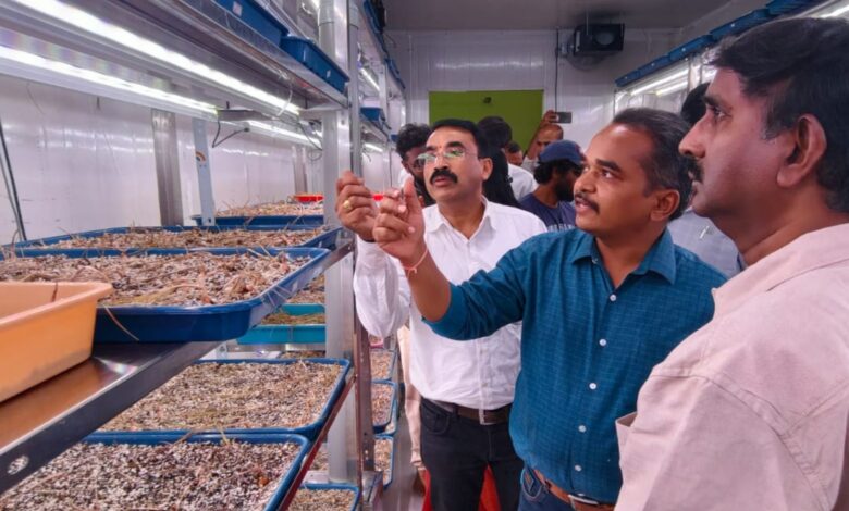The image shows the professors of SKLTGHU explaining about saffron cultivation during the inauguration of the Aeroponic Saffron Research Laboratory at the College of Horticulture, Mojerla in Wanaparthy district on Friday, April 10, 2026.