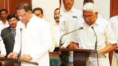 Azharuddin and Prof Kodandaram taking oath as Telangana MLCs during official ceremony.