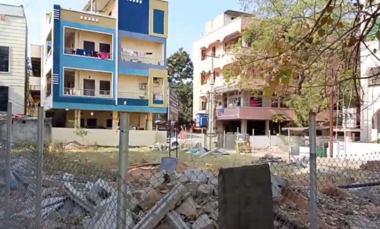 The image shows the government land now protected by HYDRAA, after seven people were arrested by Chandanagar police on Wednesday, April 1, for trying to grab that land.