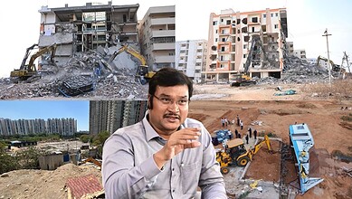 Demolition drive in progress with a politician speaking about government actions and resistance.