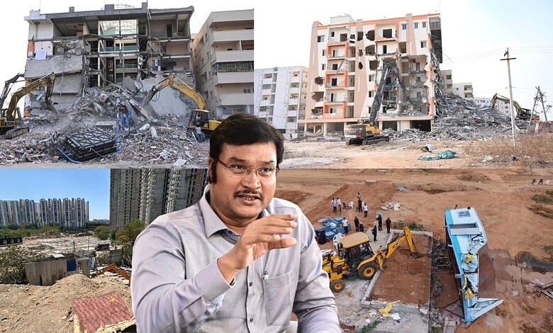 Demolition drive in progress with a politician speaking about government actions and resistance.