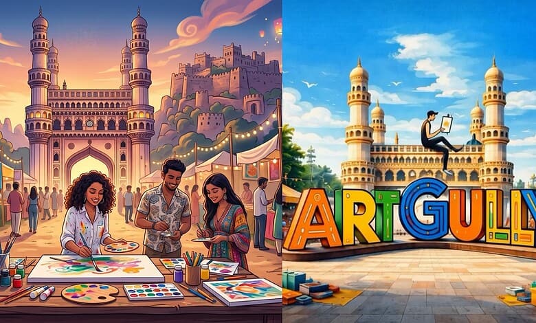Artistic scene at Art Gully in Hyderabad with children painting near historic architecture.