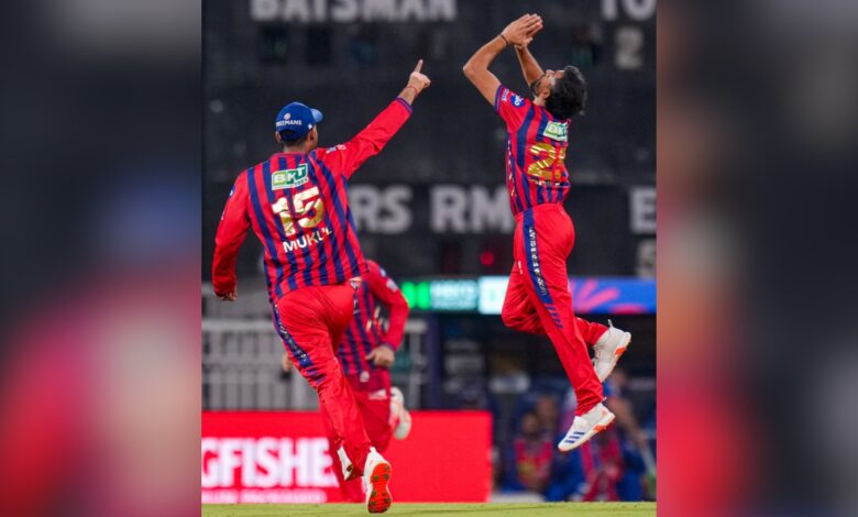 Lucknow Super Giants' Prince Yadav celebrates after the wicket of Delhi Capitals' captain Axar Patel during the Indian Premier League (IPL) 2026 cricket match between Lucknow Super Giants and Delhi Capitals, at Ekana Stadium in Lucknow, on Wednesday, April 1.