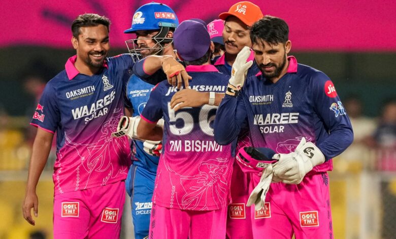 Rajasthan Royals' players celebrate their victory against Mumbai Indians during the IPL T20 match between Rajasthan Royals and Mumbai Indians, in Guwahati on Tuesday, April 7.