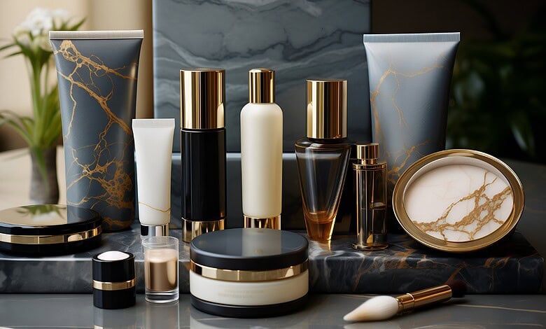 Beauty and personal care products displayed on a marble surface.