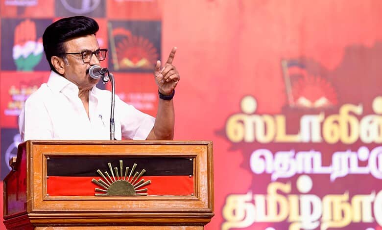 Stalin speaking at a rally, warning of large protests in Tamil Nadu over delimitation concerns.