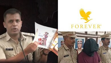The image shows Charminar DCP Kiran Khare showing the products catalogue of Forever Living Products, and the company's country sales manager Harish Kumar Singh who was arrested by Mirchowk police.
