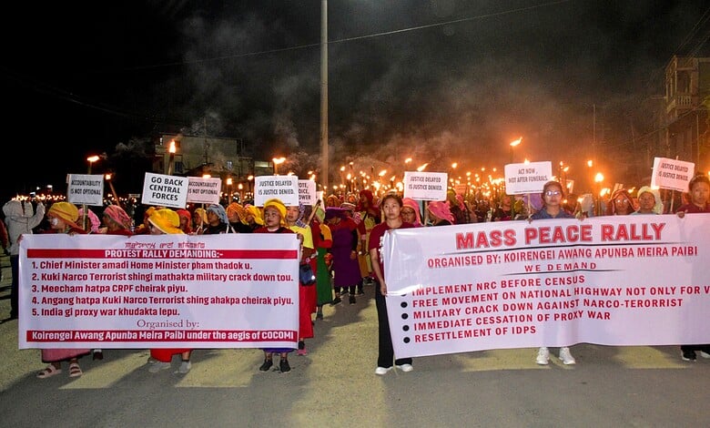 Thousands gather at night rally in Manipur protesting violence after children’s deaths.