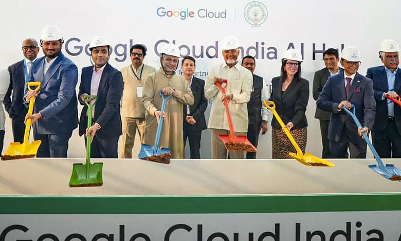 Andhra CM Naidu and officials at the foundation stone event for Google’s USD 15 billion data centre near.