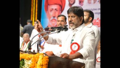 Bhatti Vikramarka addresses a gathering.