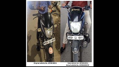 Two motorcycles with fake registration numbers recovered by Hyderabad police, highlighting bike theft cra.