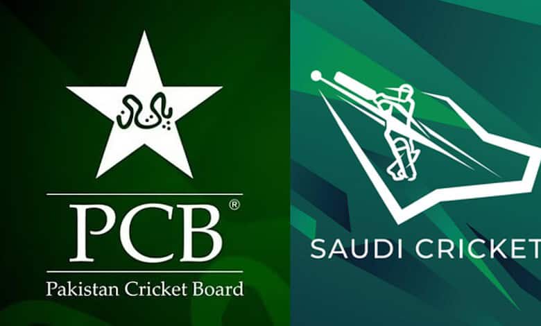 PCB and Saudi Cricket logos indicating collaboration on cricket stadium project.