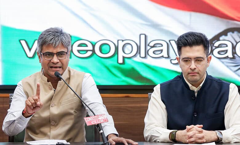 Raghav Chadha speaking at a press conference with a BJP flag in the background.