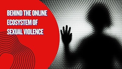 Silhouetted figure with raised hand against a digital background highlighting online sexual violence netw.