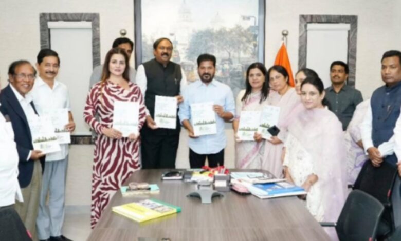 The image shows Telangana CM A Revanth Reddy with the representatives of corporate companies during a meeting on CSR funds held on Wednesday, April 8, 2026.
