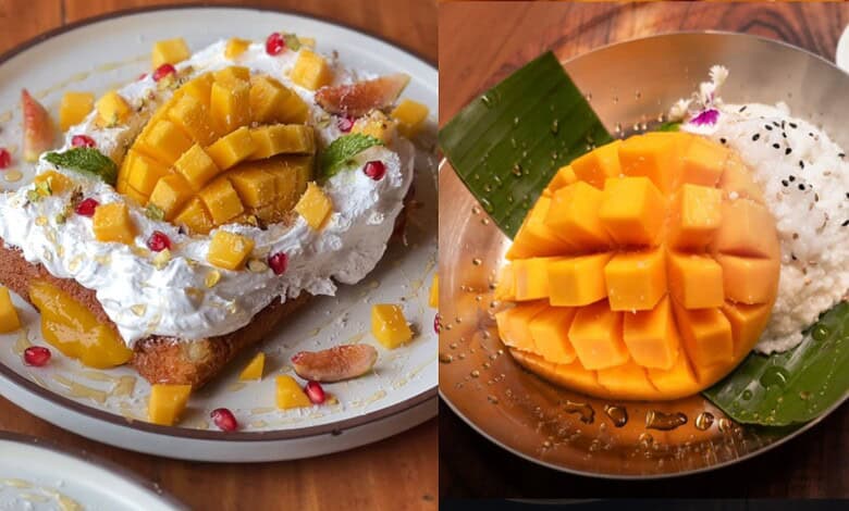 Delicious mango desserts served on plates, featuring fresh mango chunks and creamy toppings, perfect for.