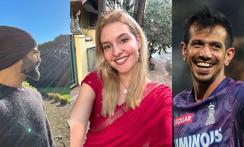 A collage of three images: Virat Kohli outdoors, LizLaz smiling in traditional attire, and Kohli in crick.