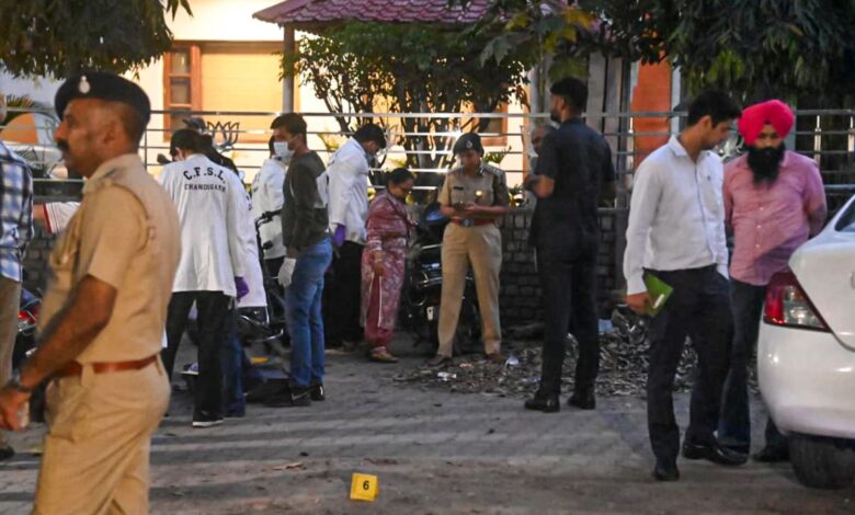 Police officials inspect BJP office after blast