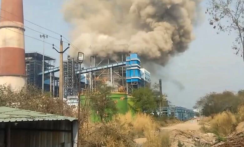 Smoke comes out after the blast at Vedanta Plant in Chhattisgarh