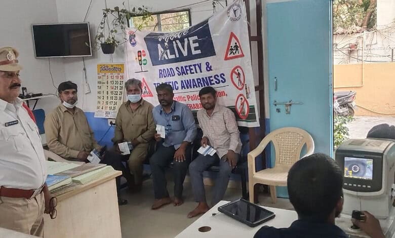 Goshamahal traffic police conduct eye check-up camp for 150 drivers to promote road safety and awareness.