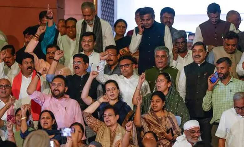 Group of protesters demonstrating against Women’s Reservation Bill at a nationwide NDA protest.