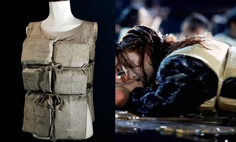 Life jacket used by Titanic survivor, auctioned for over $900,000, displayed on a mannequin and worn by a.