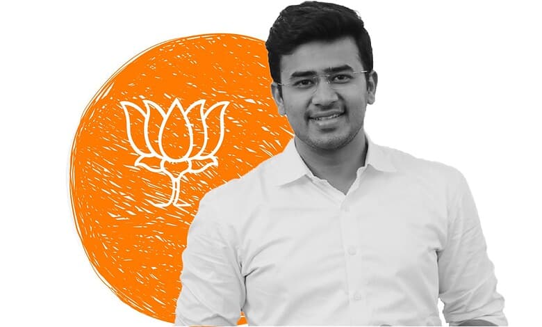 Tejaswi Surya speaking at Siasat Daily event, political leader in India, BJP representative.