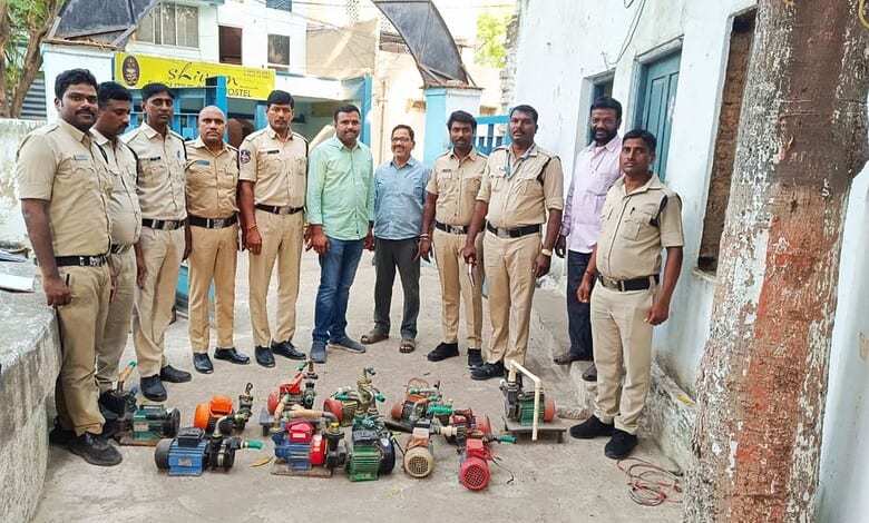 Hyderabad water board officials display 17 seized illegal motors in Secunderabad.