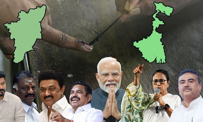 Indian voters casting ballots in Bengal and Tamil Nadu during first phase elections, with political leade.