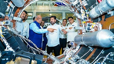 Telangana Chief Minister reviews Skyroot's Vikram-1 orbital rocket components during a visit to Srihariko.